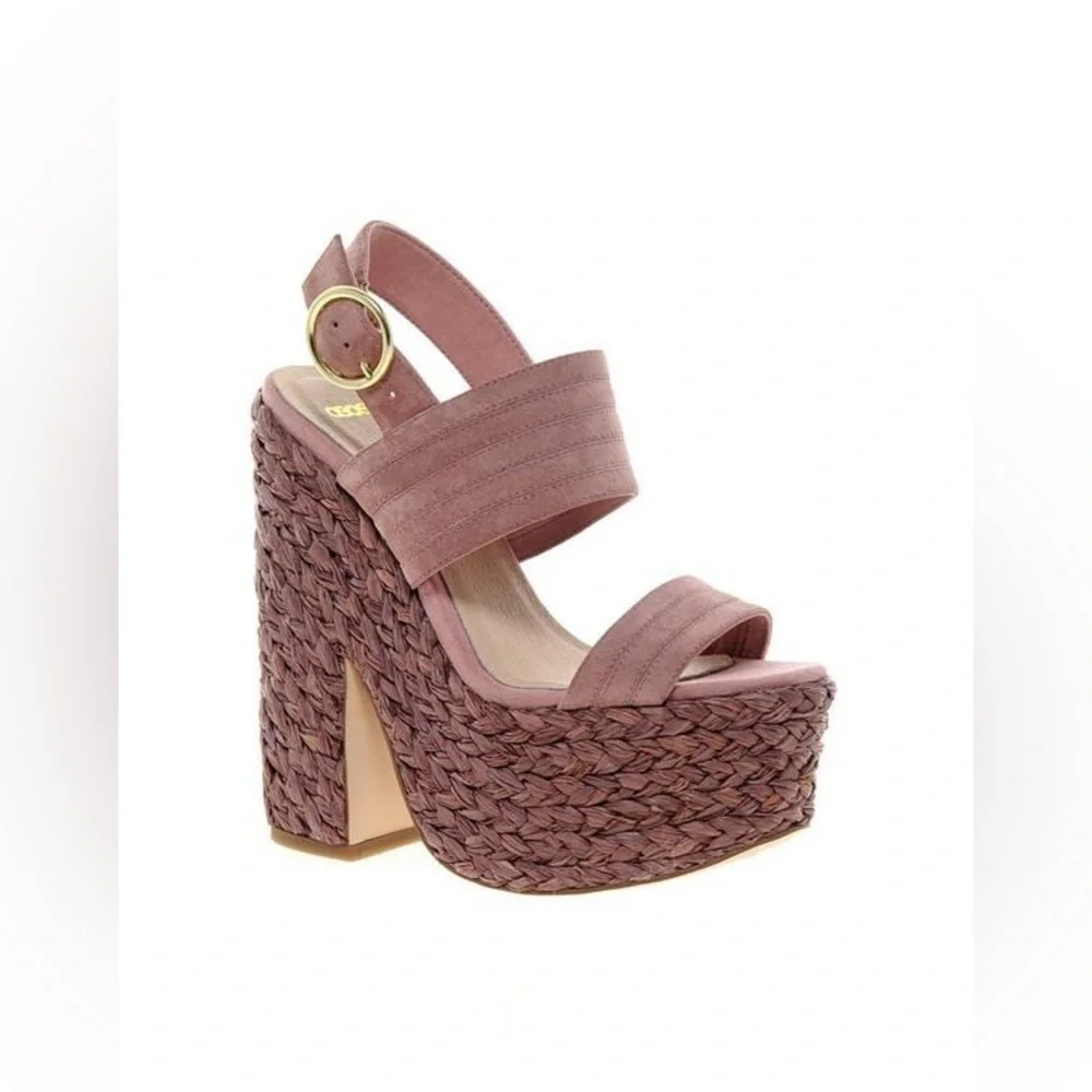 ASOS DESIGN Raffia Platform Block Heel Sandals Pink Faux Suede Size 5 (US 7)